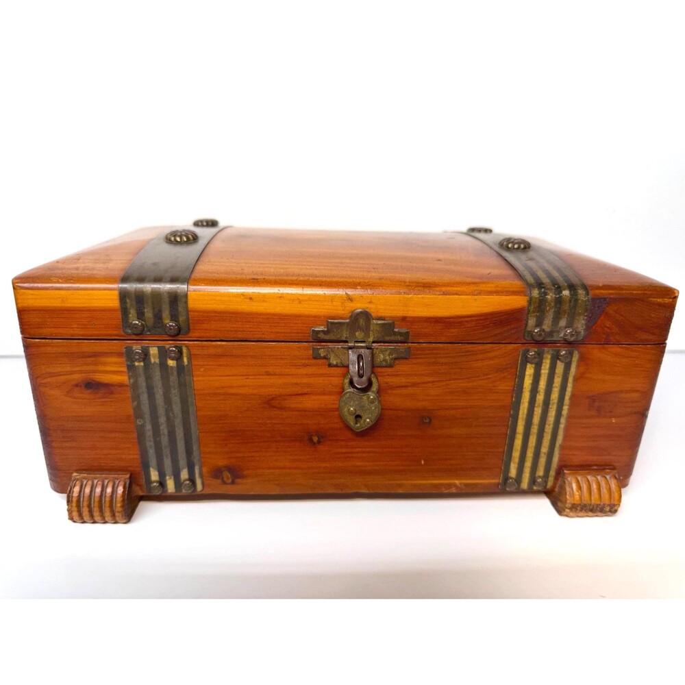 Vintage Cedar Jewelry Box, Brass Hardware Footed Keepsake Chest